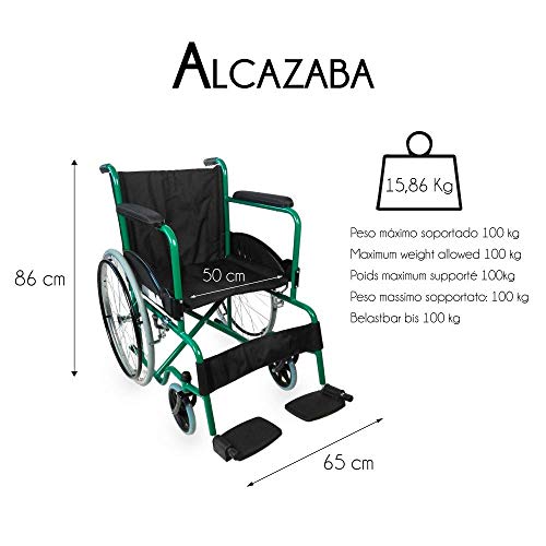 Mobiclinic, Silla de ruedas para minusválidos, Alcazaba, Plegable, Asiento 46 cm, Autopropulsable, Resistente, Marca Española, Freno manual, Reposapiés, Reposabrazos, Color Verde