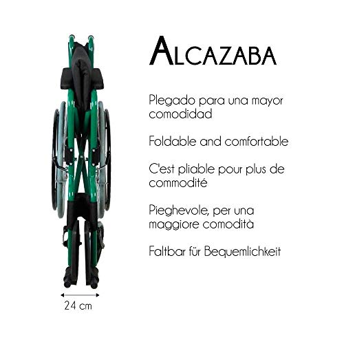 Mobiclinic, Silla de ruedas para minusválidos, Alcazaba, Plegable, Asiento 46 cm, Autopropulsable, Resistente, Marca Española, Freno manual, Reposapiés, Reposabrazos, Color Verde