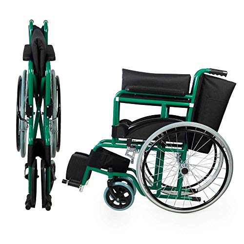 Mobiclinic, Silla de ruedas para minusválidos, Alcazaba, Plegable, Asiento 46 cm, Autopropulsable, Resistente, Marca Española, Freno manual, Reposapiés, Reposabrazos, Color Verde