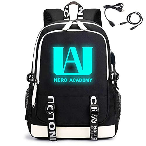 Mochila escolar para estudiantes, niñas y niños, luminosa, informal, del anime My Hero Academia, con puerto de carga USB, para ordenador portátil y juguetes