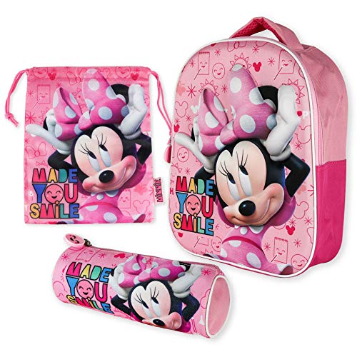 Mochila Infantil 3D, Estuche Escolar y Bolsa Merienda de Cuerdas Pack Diseño Colorido – Minnie Mouse | Mochila Escolar Niña de 3 Años | Material Escolar Vuelta al Cole con Minnie Mouse