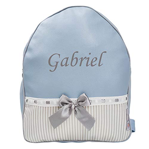 Mochila infantil de Polipiel - Mochila Personalizable para Bebé - Modelo Noa -Color Celeste + Gris - Medidas 28 x 24 x 11 cm - Personalizar Regalos - Handmade - Hecho en España - Nenel