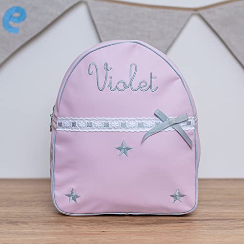 Mochila Infantil de Polipiel - Mochila Personalizada para Bebé – Mochila guardería con nombre – Mochila escuela infantil bordada - Sydney Rosa/Gris– Nenel