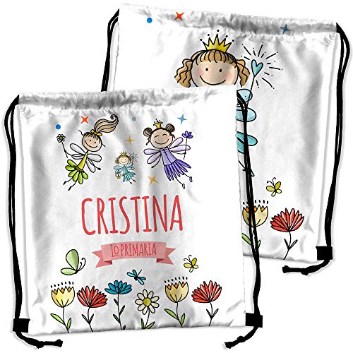 Mochila Saco Infantil Personalizada con Nombre. Regalo Personalizado para niño y niña. Mochila de Cuerdas. Vuelta al Cole. Varios Diseños. Hadas