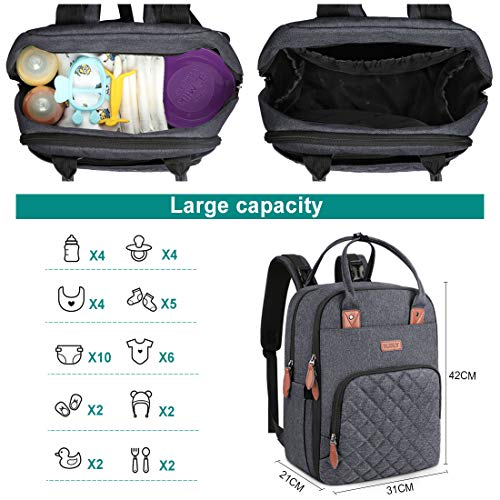 Mochilas para Pañales Biberones,Multifuncional Impermeable Mochila Maternidad,Gran Capacidad Bolso Cambiador Bebe con Bolsillo Térmico para Biberones (Gris Oscuro)