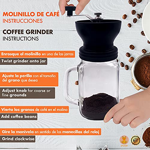 Molinillo café + 2 jarras de cristal (Maquina de cafe). Rodamientos especiales en cerámica para una mejor molienda. Diseño exclusivo, elegante y fácil de usar.