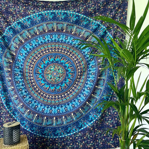 MOMOMUS Tapiz Mandala Indio - 100% Algodón, Grande, Multiuso - Pareo/Toalla de Playa Gigante - Manta de Picnic Ligera o Alfombra Antiarena XXL - Azul C, 210x230 cm