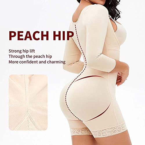 Mono Fajas para Mujeres Barriga Control Cintura Entrenador Modelador Cuerpo Completo Sin Costura Manga Larga Encaje Ropa Interior,Beige,m