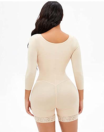 Mono Fajas para Mujeres Barriga Control Cintura Entrenador Modelador Cuerpo Completo Sin Costura Manga Larga Encaje Ropa Interior,Beige,m