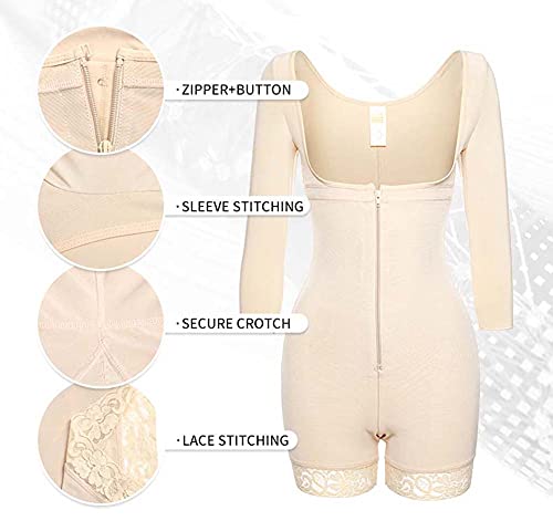 Mono Fajas para Mujeres Barriga Control Cintura Entrenador Modelador Cuerpo Completo Sin Costura Manga Larga Encaje Ropa Interior,Beige,m