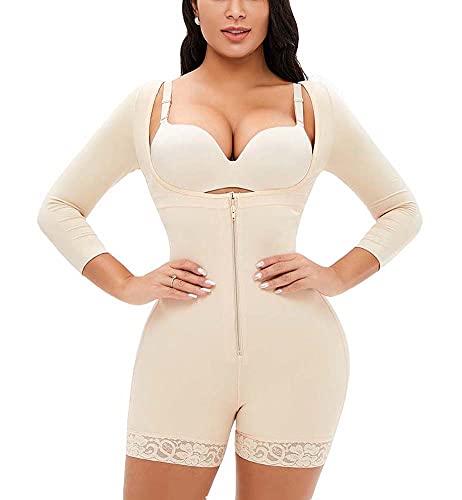 Mono Fajas para Mujeres Barriga Control Cintura Entrenador Modelador Cuerpo Completo Sin Costura Manga Larga Encaje Ropa Interior,Beige,m