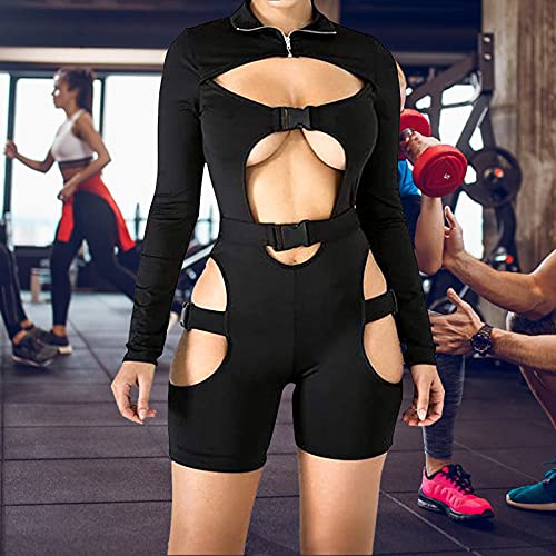 Mono Mujeres Bodycon Gimnasio al Aire Libre de Navidad de Manga Larga Una Pieza Traje de Fitness Pantalones del Cuerpo Grupa la Mochila Hebilla Ahueca hacia Ropa de Locomotora (B Black, M)