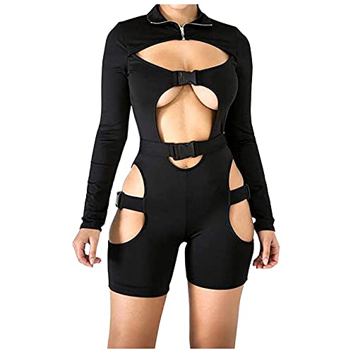 Mono Mujeres Bodycon Gimnasio al Aire Libre de Navidad de Manga Larga Una Pieza Traje de Fitness Pantalones del Cuerpo Grupa la Mochila Hebilla Ahueca hacia Ropa de Locomotora (B Black, M)