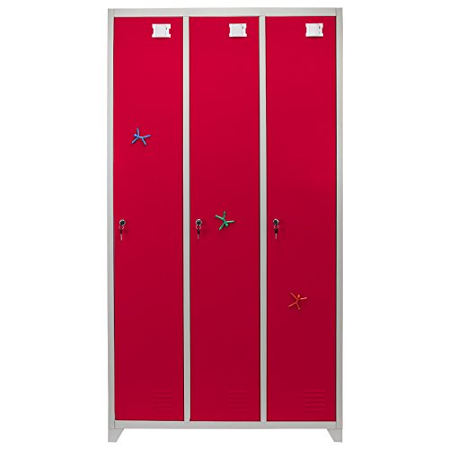 MonsterShop - Taquilla Horizontal para Ensamblar con 3 Puertas Rojas de Acero 50cm x 90cm x 180cm para Escuelas, Gimnasios y Vestuarios