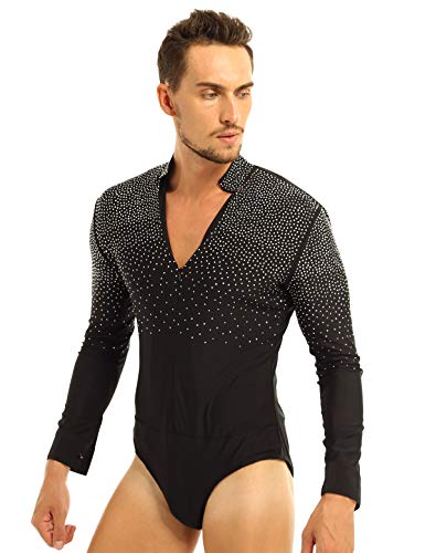 MSemis Maillot Baile Latino para Hombres Body Patinaje Gimansia Maillot Danza Lírica Camisa Danza Latina Manga Larga Tango Leotardo Ropa Actuación Competición Negro Medium