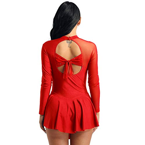 MSemis Vestido Patinaje Artístico para Mujer Body Leotardo Ballet Danza Chica Maillot Gimnasia Rítmica Manga Larga Ropa Bailarina Competición Rendimiento Rojo Small