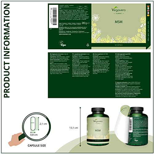 MSM 99% Puro Vegavero® | 365 Cápsulas | La Dosis Más Alta: Ahora 2000 mg | Sin Aditivos | Testado en Laboratorio | Antiinflamatorio Natural + Dolor Espalda + Articulaciones