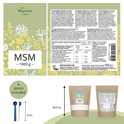 MSM en Polvo Vegavero® | EL ÚNICO 99% PURO | 1 kg | Sin Aditivos | Producto Premiado | Testado en Laboratorio | Antiinflamatorio Natural + Dolor Espalda + Articulaciones