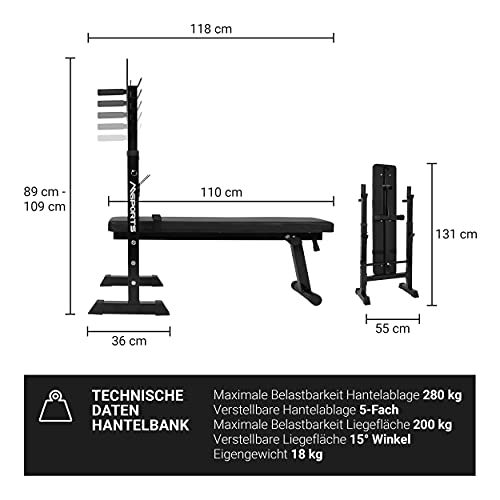 MSPORTS Banco de Pesas Profesional Multifuncional Plegable para Barras con Mancuernas de hasta 200 kg, Mancuernas