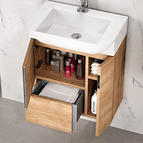 Mueble de baño Versa suspendido a Pared Fondo Reducido 1 cajón 2 Puertas con Lavabo Cerámico (Roble Natural, 55 cm)