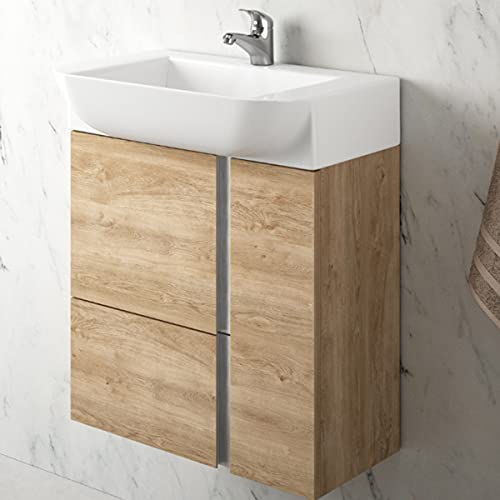 Mueble de baño Versa suspendido a Pared Fondo Reducido 1 cajón 2 Puertas con Lavabo Cerámico (Roble Natural, 55 cm)