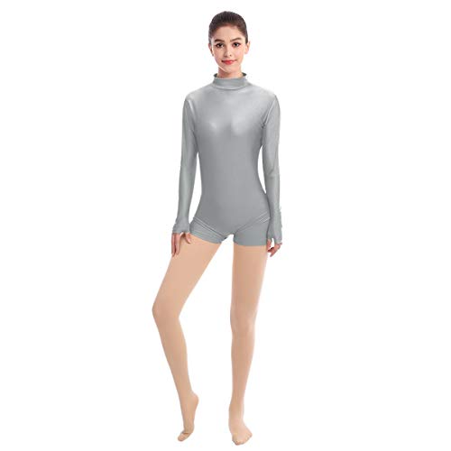 Mujer Maillot de Danza Ballet Manga Larga Lycra Body Gimnástico Leotardo de Baile Mono Boxer Yoga Ropa Deportiva Gris XS