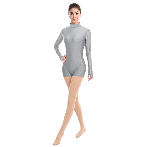 Mujer Maillot de Danza Ballet Manga Larga Lycra Body Gimnástico Leotardo de Baile Mono Boxer Yoga Ropa Deportiva Gris XS