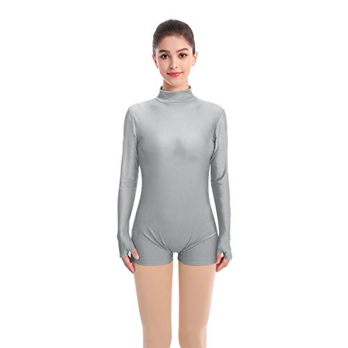 Mujer Maillot de Danza Ballet Manga Larga Lycra Body Gimnástico Leotardo de Baile Mono Boxer Yoga Ropa Deportiva Gris XS