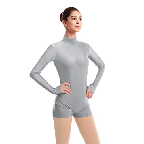 Mujer Maillot de Danza Ballet Manga Larga Lycra Body Gimnástico Leotardo de Baile Mono Boxer Yoga Ropa Deportiva Gris XS