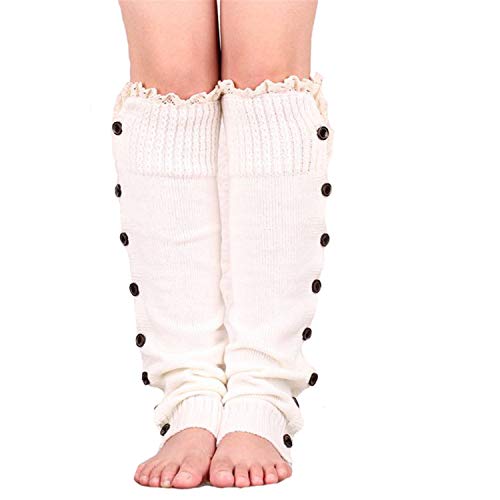 Mujeres calentador de piernas regalos calcetines de punto botón Crochet polainas encaje botas Toppers, blanco