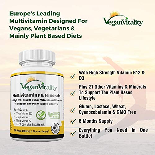 Multivitaminas y minerales veganos con vitamina B12, D3 y K2 de alta resistencia. 180 tabletas multivitamínicas - 6 meses de suministro. Diseñado para veganos y vegetarianos