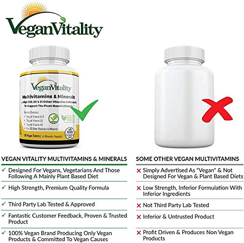 Multivitaminas y minerales veganos con vitamina B12, D3 y K2 de alta resistencia. 180 tabletas multivitamínicas - 6 meses de suministro. Diseñado para veganos y vegetarianos