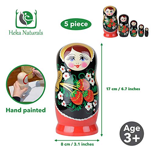 Muñecas Rusas, 5 Matrioskas de Estilo Hohloma | Muñeca Babushka de Madera, Negra con Diseño de Hojas Doradas y Frutos Rojos, Hecha a Mano en Rusia | Hohloma, 5 Piezas, 17 cm