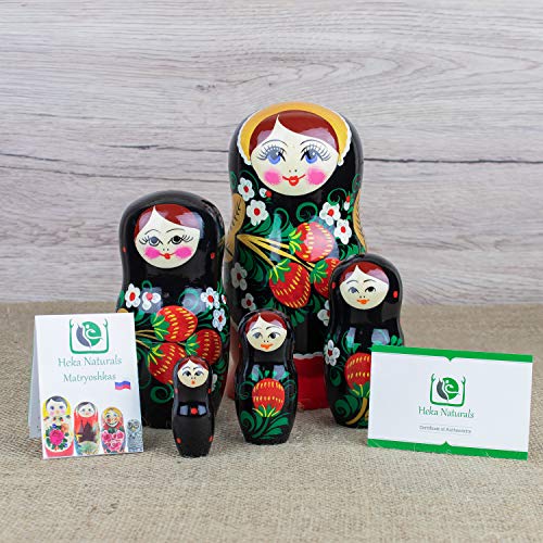 Muñecas Rusas, 5 Matrioskas de Estilo Hohloma | Muñeca Babushka de Madera, Negra con Diseño de Hojas Doradas y Frutos Rojos, Hecha a Mano en Rusia | Hohloma, 5 Piezas, 17 cm