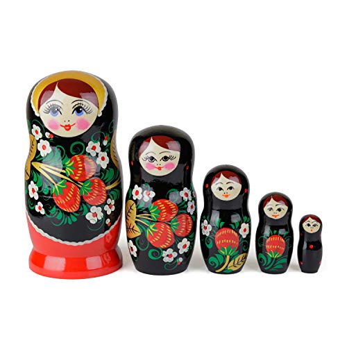 Muñecas Rusas, 5 Matrioskas de Estilo Hohloma | Muñeca Babushka de Madera, Negra con Diseño de Hojas Doradas y Frutos Rojos, Hecha a Mano en Rusia | Hohloma, 5 Piezas, 17 cm