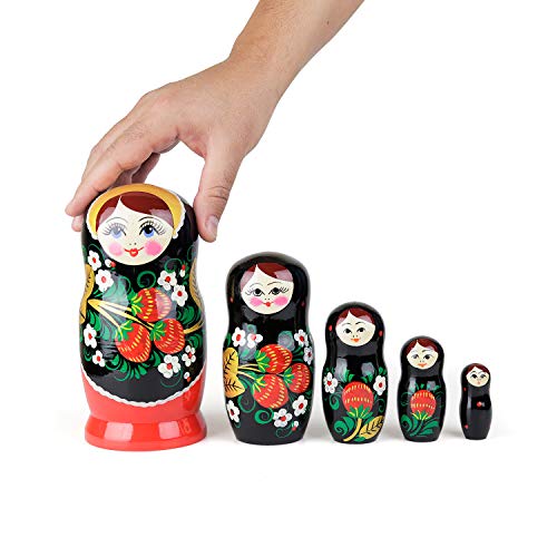 Muñecas Rusas, 5 Matrioskas de Estilo Hohloma | Muñeca Babushka de Madera, Negra con Diseño de Hojas Doradas y Frutos Rojos, Hecha a Mano en Rusia | Hohloma, 5 Piezas, 17 cm