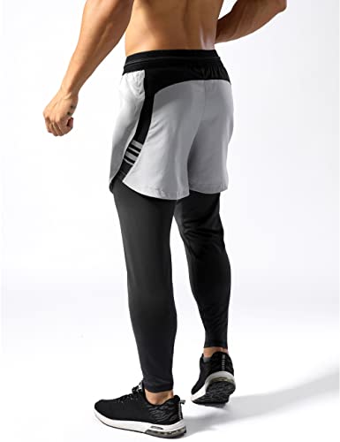 Muscle Alive Hombre 2 en 1 Deportivos Pantalones Leggings de compresión ​Fitness Pants Cortos Bolsillos para teléfono Pantalones Gris L