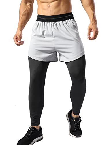 Muscle Alive Hombre 2 en 1 Deportivos Pantalones Leggings de compresión ​Fitness Pants Cortos Bolsillos para teléfono Pantalones Gris L