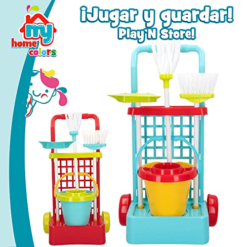 MY HOME - Carrito limpieza juguete, Surtido, Set limpieza con carrito, escoba, fregona con cubo, recogedor, Juguetes de Hogar, Juguetes niños 3 años, Set limpieza juguete, carrito limpieza infantil (43282)