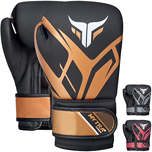 Mytra Fusion Guantes de boxeo para niños Guantes de boxeo para niños con palma ventilada MMA, Muay Thai, Sparring, Fighting, Punching Gloves (Black/Gold, 6-oz)