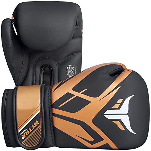 Mytra Fusion Guantes de boxeo para niños Guantes de boxeo para niños con palma ventilada MMA, Muay Thai, Sparring, Fighting, Punching Gloves (Black/Gold, 8-oz)