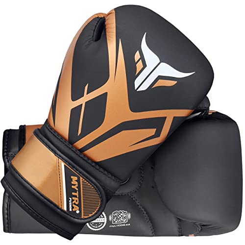 Mytra Fusion Guantes de boxeo para niños Guantes de boxeo para niños con palma ventilada MMA, Muay Thai, Sparring, Fighting, Punching Gloves (Black/Gold, 8-oz)