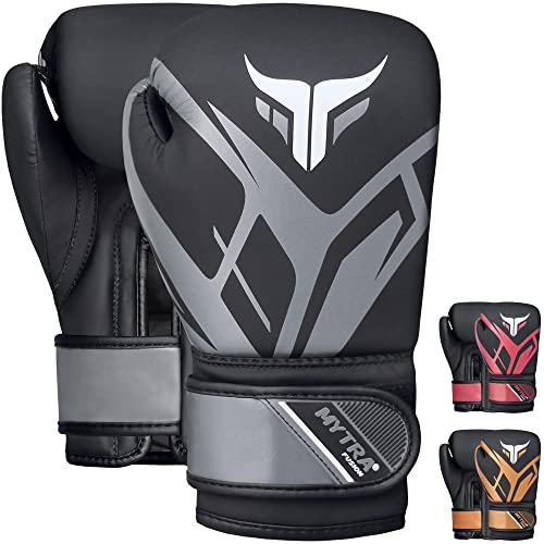 Mytra Fusion Guantes de boxeo para niños Guantes de boxeo para niños con palma ventilada MMA, Muay Thai, Sparring, Fighting, Punching Gloves (Black/Grey, 8-oz)