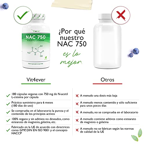 NAC - N-Acetil L-Cisteína 180 cápsulas con 750 mg cada una - Suministro para 6 meses - Vegano - Altamente dosificado - Sin aditivos no deseados