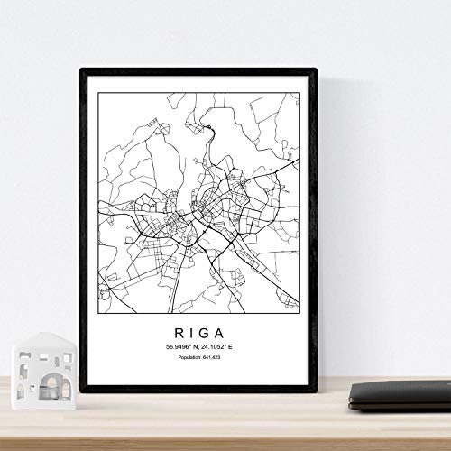 Nacnic Lámina Mapa de la Ciudad Riga Estilo nordico en Blanco y Negro. Poster tamaño A4 Sin Marco Impreso Papel 250 gr. Cuadros, láminas y Posters para Salon y Dormitorio