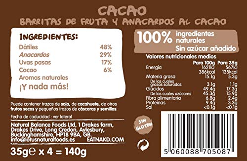 Nakd Cocoa Delight- Barritas De Fruta Y Frutos Secos Al Cacao – Sin Gluten - Pack 18 Barritas X 35g, 630 Gramo