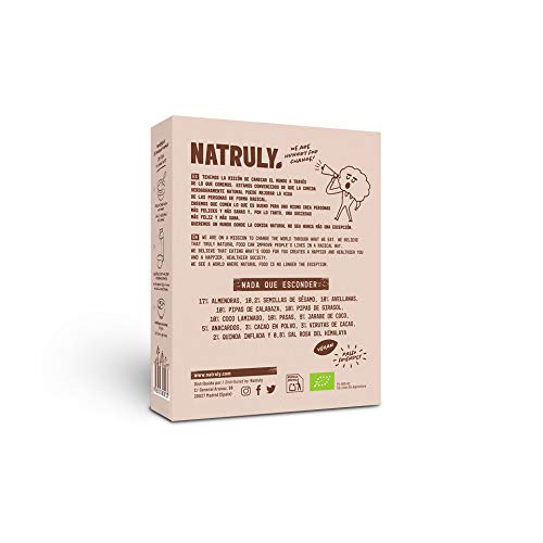 NATRULY Granola BIO de Frutos Secos y Semillas Sin Cereales, Sin Gluten y Sin Azúcar Refinado, Vegana, Sabor Cacao, Coco y Quinoa