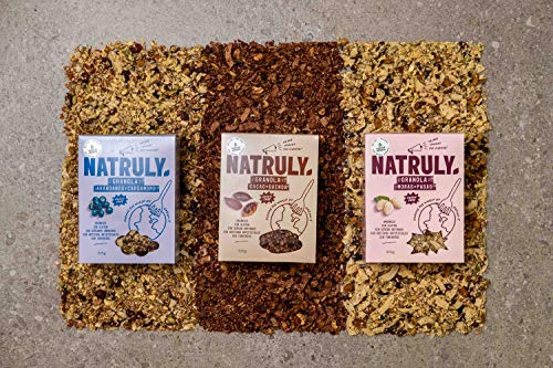 NATRULY Granola BIO de Frutos Secos y Semillas Sin Cereales, Sin Gluten y Sin Azúcar Refinado, Vegana, Sabor Cacao, Coco y Quinoa