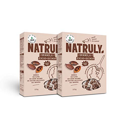 NATRULY Granola BIO de Frutos Secos y Semillas Sin Cereales, Sin Gluten y Sin Azúcar Refinado, Vegana, Sabor Cacao, Coco y Quinoa