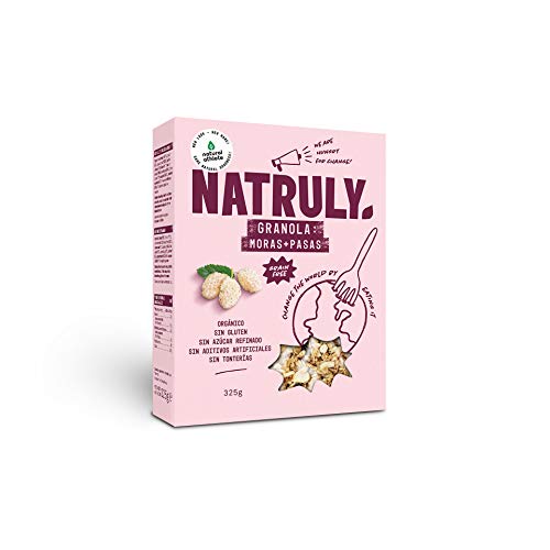 NATRULY Granola BIO de Frutos Secos y Semillas Sin Cereales, Sin Gluten y Sin Azúcar Refinado, Vegana, Sabor Moras y Pasas -325g